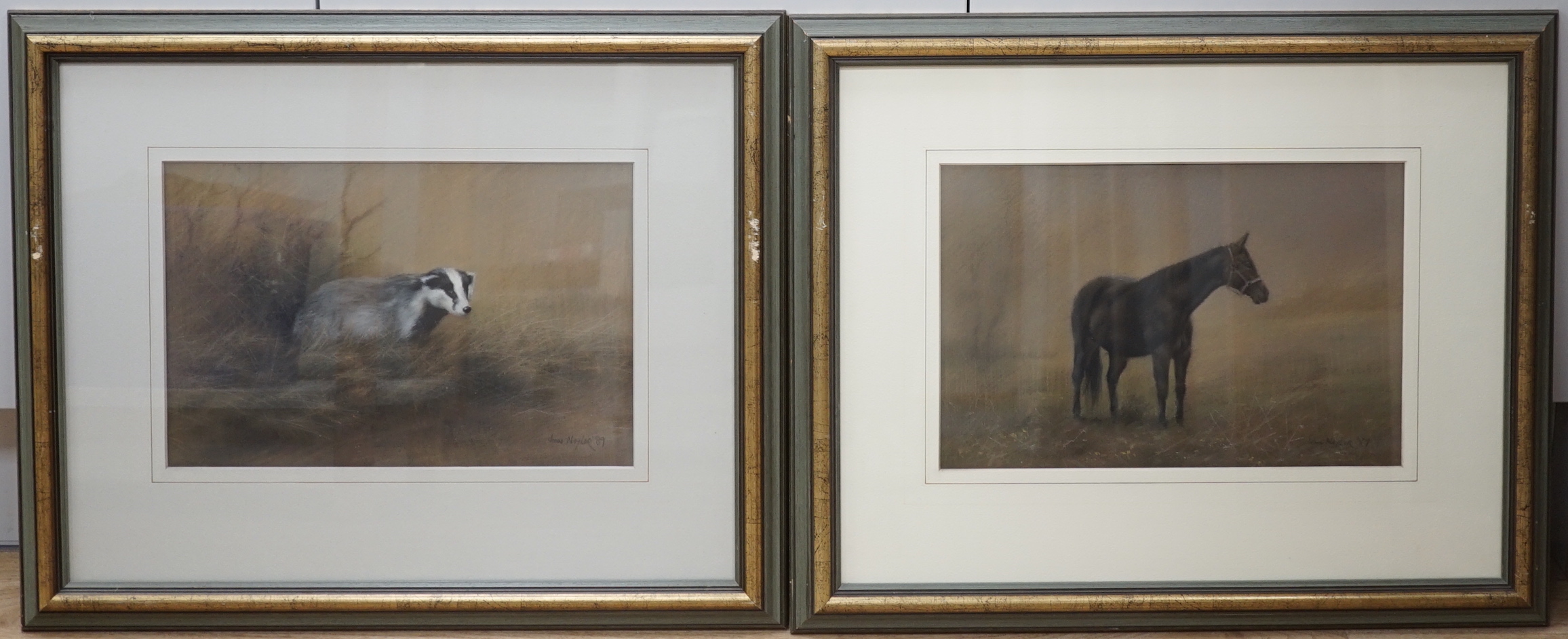 John Naylor (b.1960) pair of pastels, Studies of a badger and a horse, each signed and dated '89, 36 x 44cm